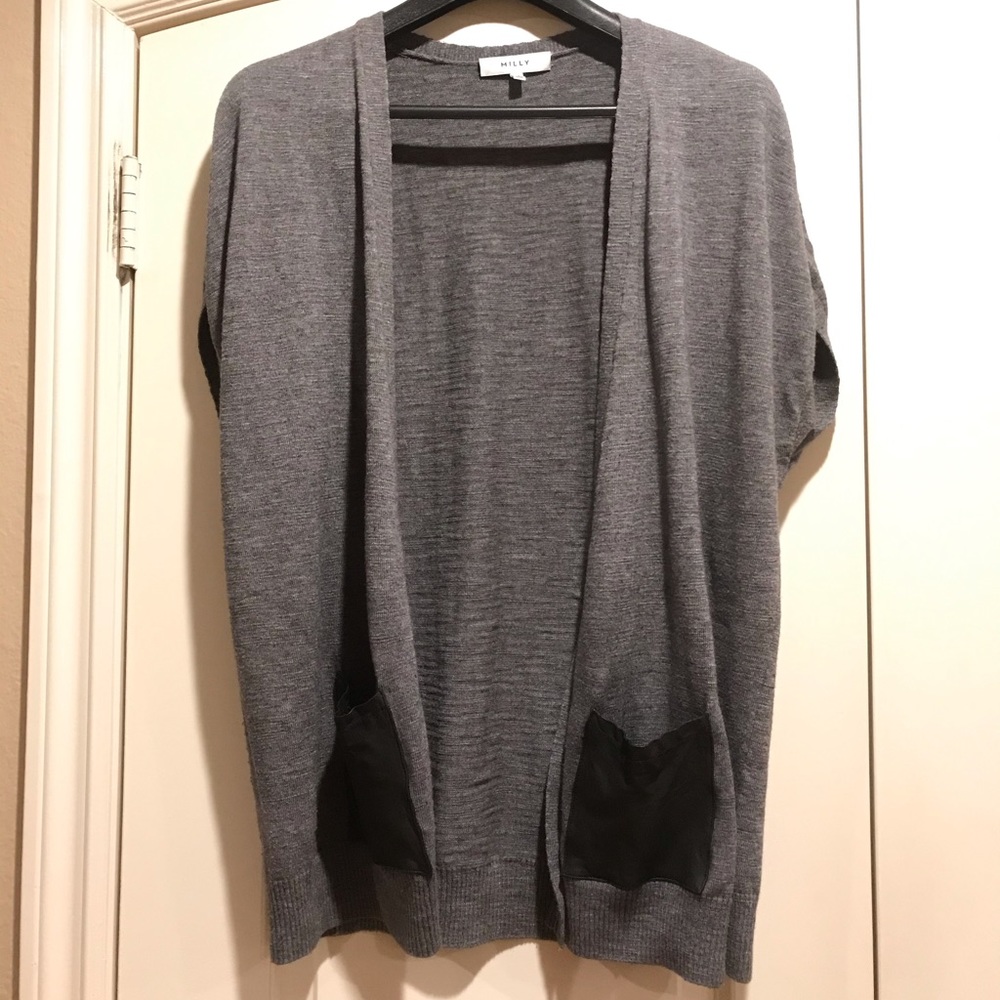 Milly Cardigan Gray 100% Lambskin Leather Pockets